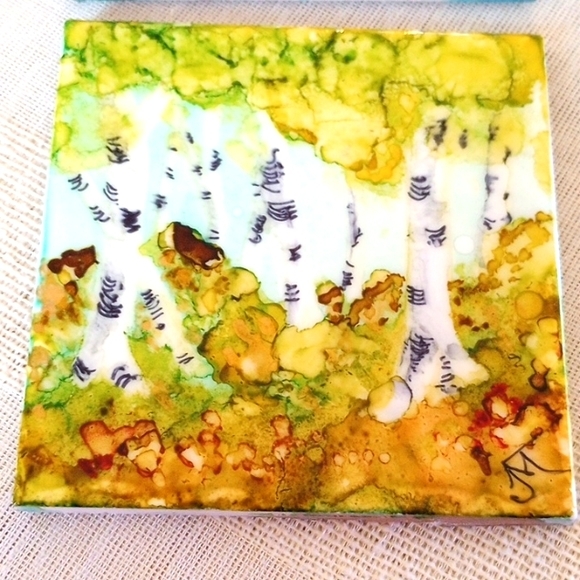 REDUCED Handmade and Hand Painted Birch Tree Ceramic Resin Coasters (Set of 4) - Picture 2 of 8